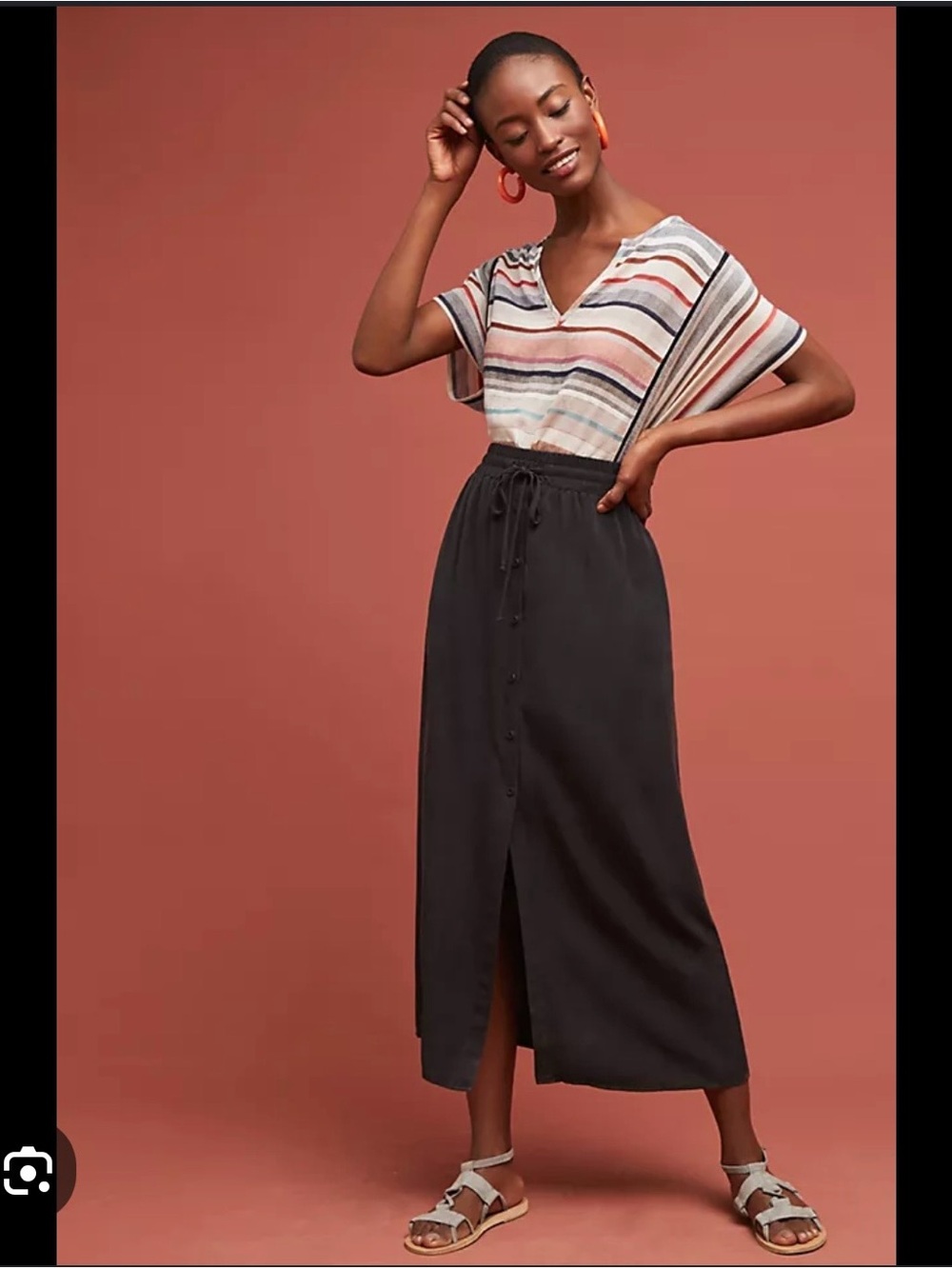 cloth & stone Black Button-Front Drawstring Maxi Skirt